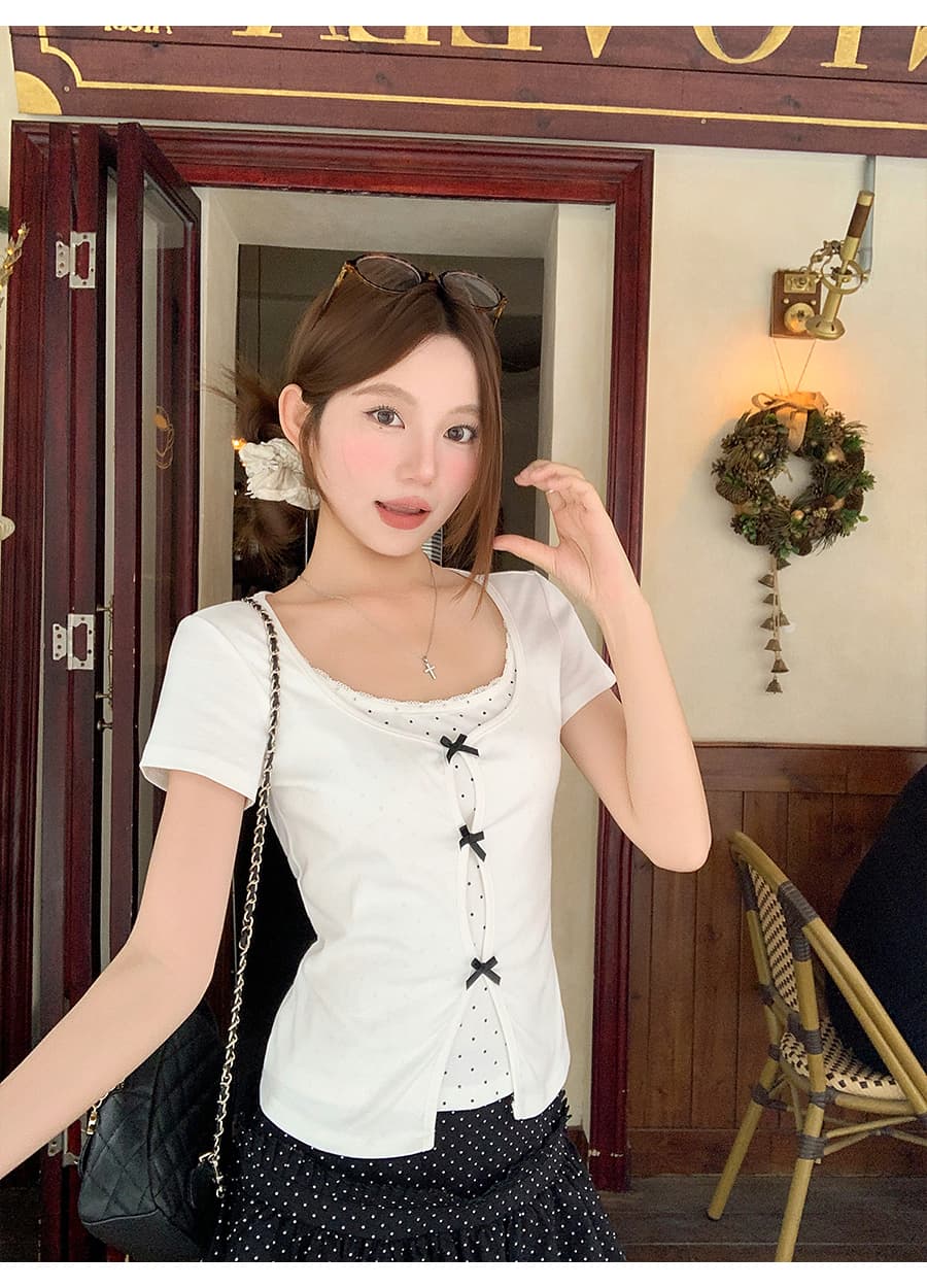 달콤한 매운맛 바람 광장 칼라 페이크 레이어드 티셔츠 여성 여름 새로운 몸매 가꾸기 슬림해 보이는 도트 무늬 나비 매듭 장식 다용도 맨위 상세 이미지 12
