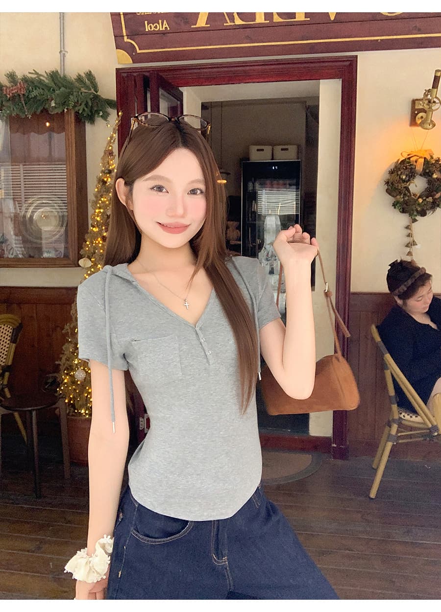 한 부서 헨리 칼라 후드 반팔 티셔츠 여성 여름 새로운 디스플레이 화이트 황색 주머니 몸매 가꾸기 슬림해 보이는 다용도 맨위 상세 이미지 7