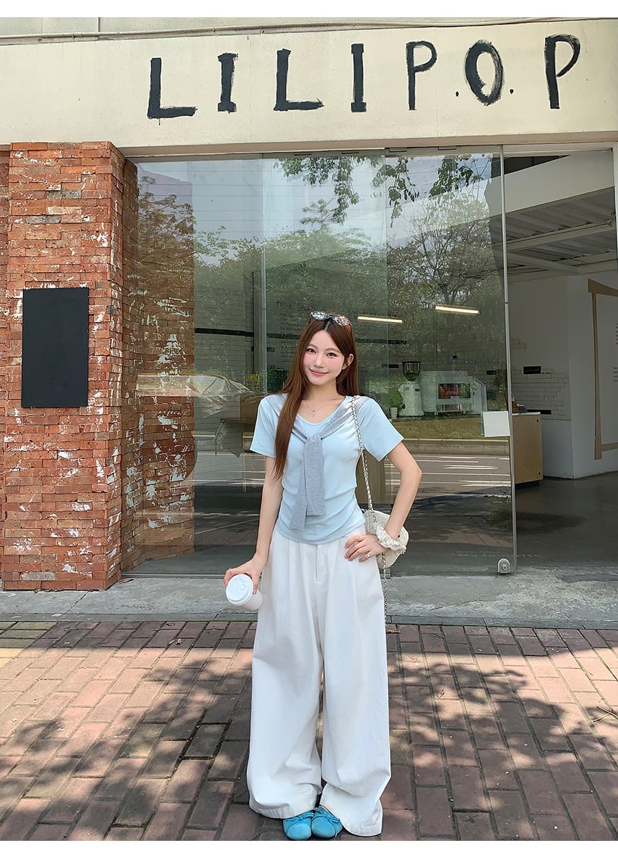 페이크 레이어드 숄 레이스업 반팔 티셔츠 여성 여름 새로운 디자인 센스 허리 수축 슬림해 보이는 주름 순수한 욕망 바람 맨위 상세 이미지 5