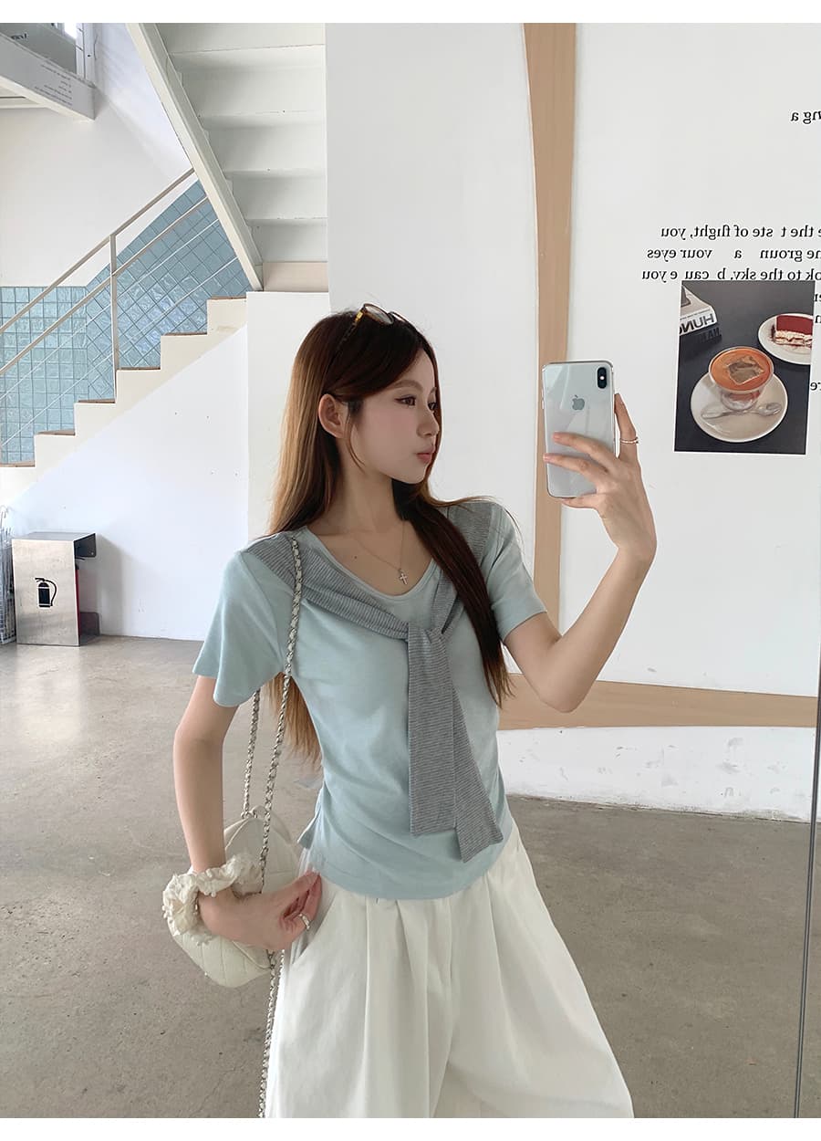 페이크 레이어드 숄 레이스업 반팔 티셔츠 여성 여름 새로운 디자인 센스 허리 수축 슬림해 보이는 주름 순수한 욕망 바람 맨위 상세 이미지 9