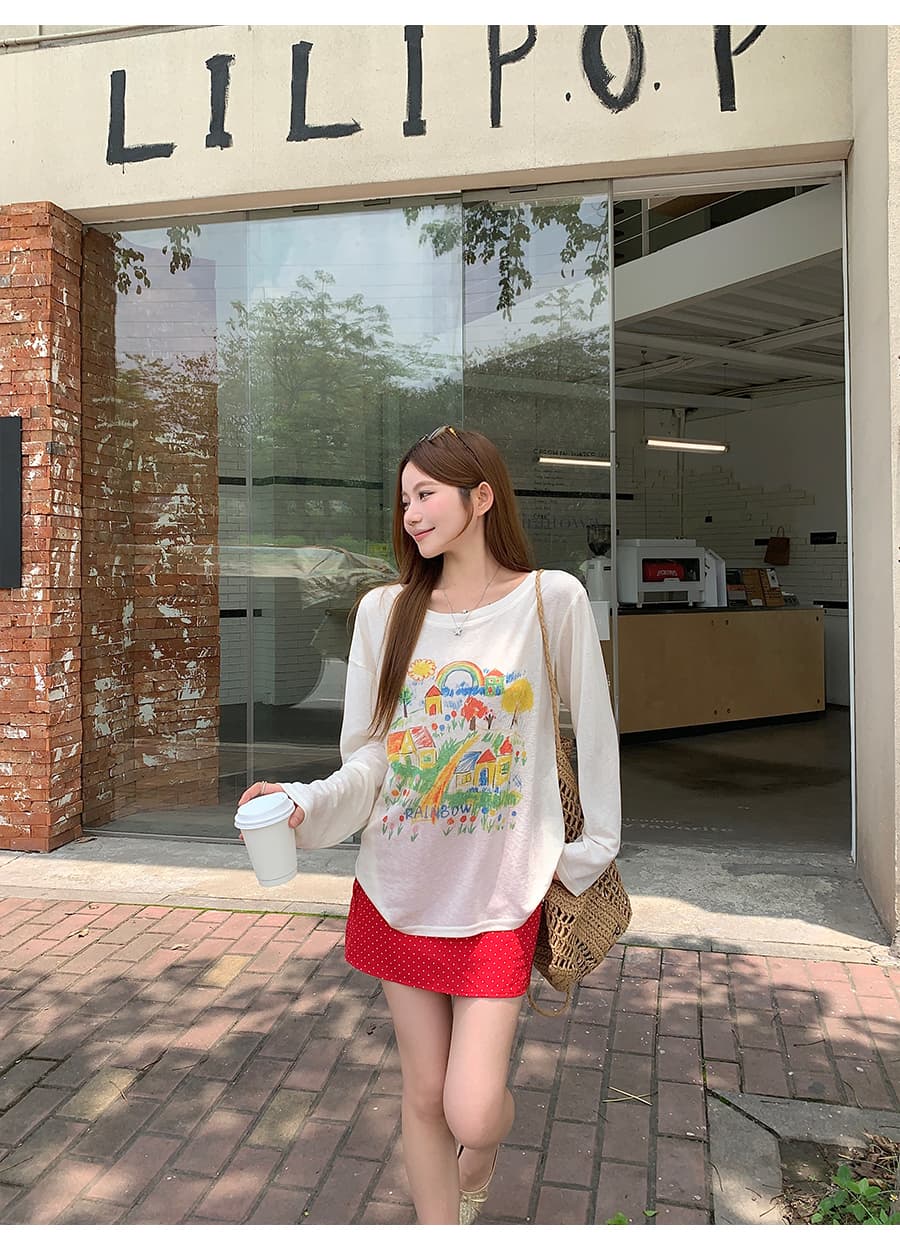 화이트 낙서 라운드 넥 비스듬한 어깨 둘 착용 태양 보호 셔츠 여성 여름 새로운 한 부서 무지개 프린트 루즈핏 슬림해 보이는 맨위 상세 이미지 11