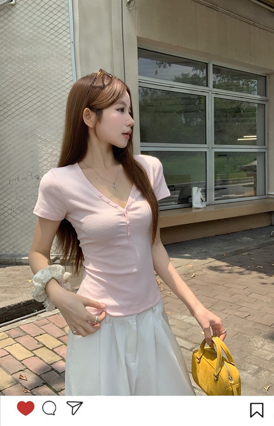 순수한 욕망 바람 반 개방 V넥 반팔 티셔츠 여성 여름 새로운 한 부서 디자인 센스 몸매 가꾸기 슬림해 보이는 다용도 긍정적 인 어깨 의류 상세 이미지 1