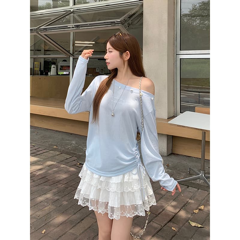 달콤한 매운맛 바람 오프숄더 자외선 차단 블라우스 여성 여름 새로운 조개 장식 측면 펌프 로프 루즈핏 슬림해 보이는 맨위 이미지 2
