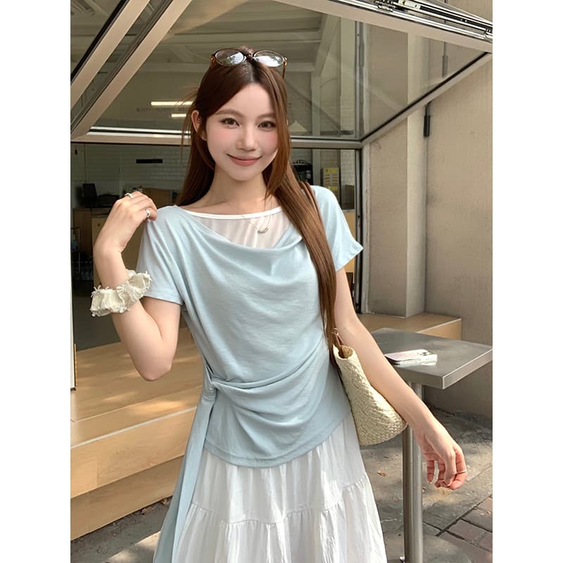페이크 레이어드 흔들다 칼라 반팔 티셔츠 여성 여름 새로운 한 부서 핫걸 바람 허리 수축 스트랩 슬림해 보이는 디자인 센스 맨위 이미지 3
