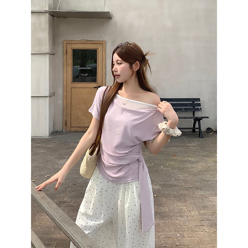 페이크 레이어드 흔들다 칼라 반팔 티셔츠 여성 여름 새로운 한 부서 핫걸 바람 허리 수축 스트랩 슬림해 보이는 디자인 센스 맨위 이미지 4