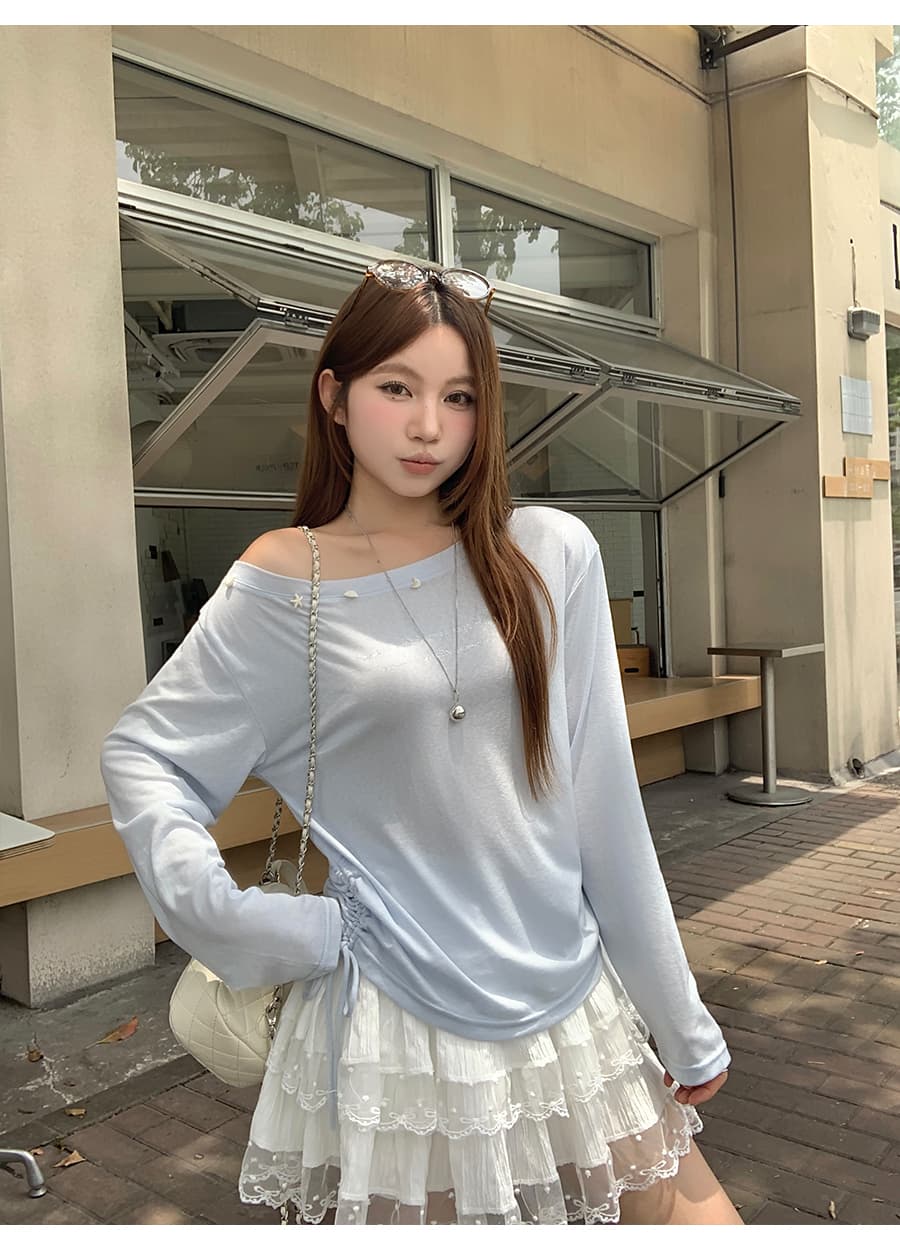 달콤한 매운맛 바람 비스듬한 칼라 오프숄더 둘 착용 태양 보호 셔츠 여성 여름 새로운 조개 장식 루즈핏 슬림해 보이는 통기성 다용도 맨위 상세 이미지 6