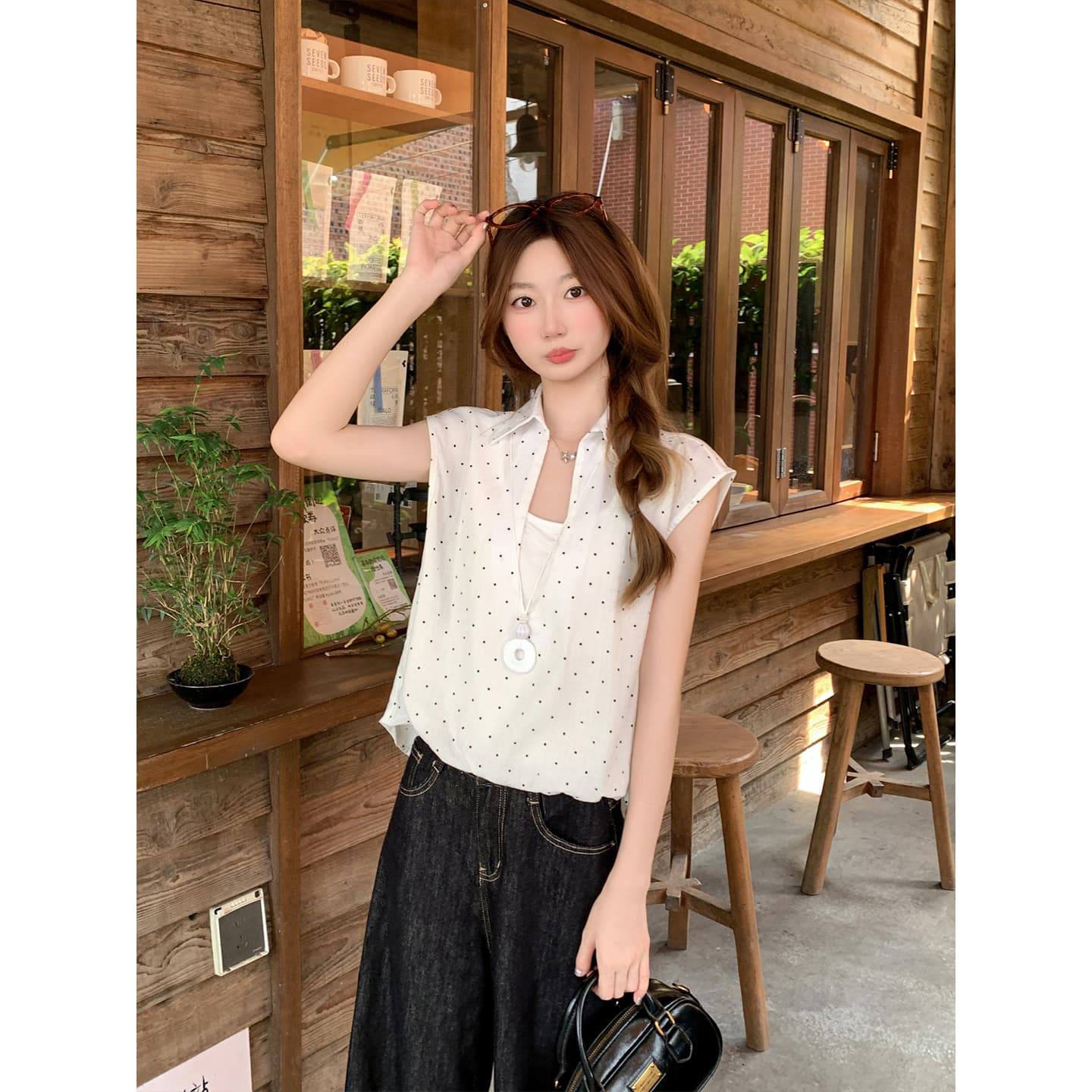 순수한 욕망 바람 도트 무늬 페이크 레이어드 반팔 여성 셔츠 여름 새로운 루즈핏 슬림해 보이는 디자인 센스 핫걸 바람 연령 감소 맨위 이미지 2