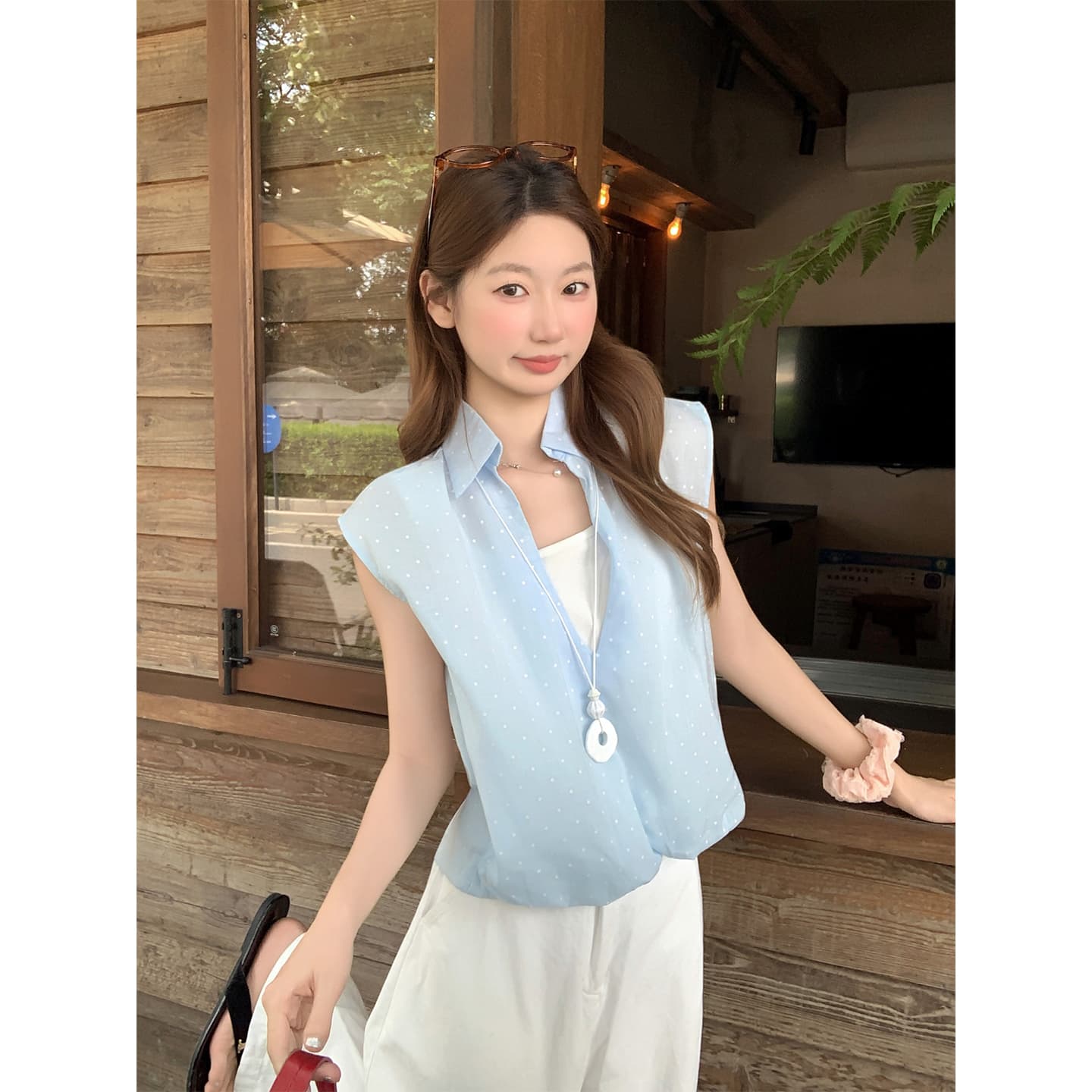 순수한 욕망 바람 도트 무늬 페이크 레이어드 반팔 여성 셔츠 여름 새로운 루즈핏 슬림해 보이는 디자인 센스 핫걸 바람 연령 감소 맨위 이미지 6