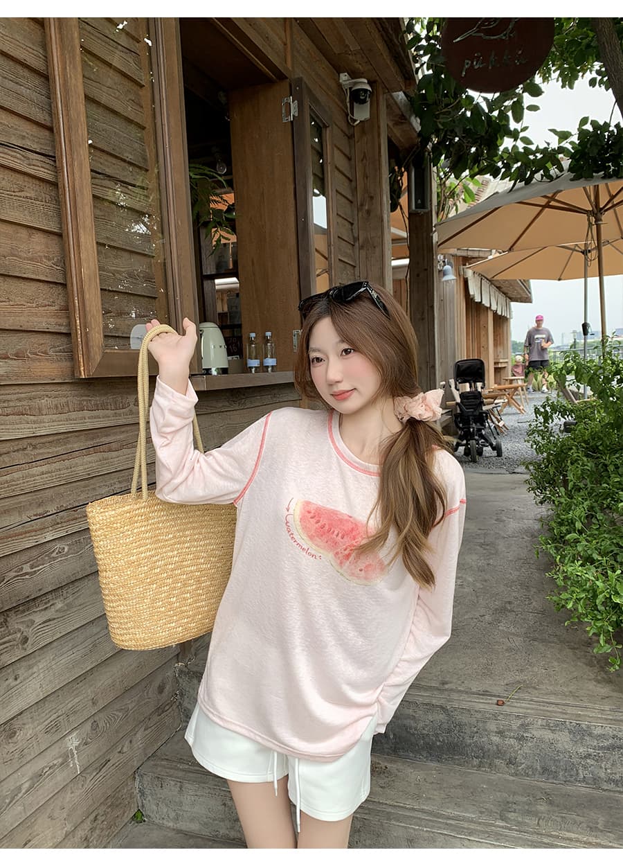 한 부서 과일 프린트 배색 라운드 넥 태양 보호 셔츠 여성 여름 새로운 핫걸 바람 얇은 스타일 통기성 루즈핏 블라우스 맨위 상세 이미지 6