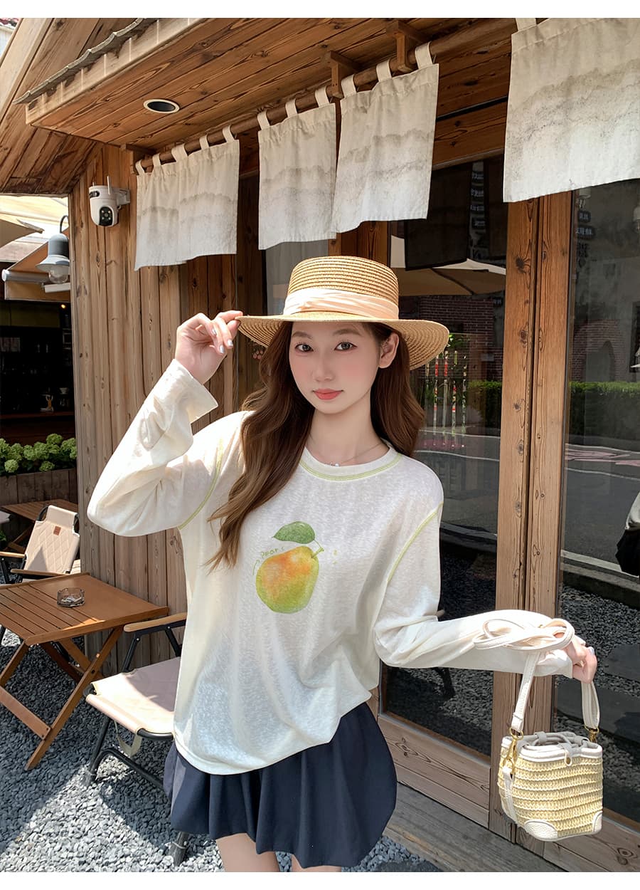 한 부서 과일 프린트 배색 라운드 넥 태양 보호 셔츠 여성 여름 새로운 핫걸 바람 얇은 스타일 통기성 루즈핏 블라우스 맨위 상세 이미지 12