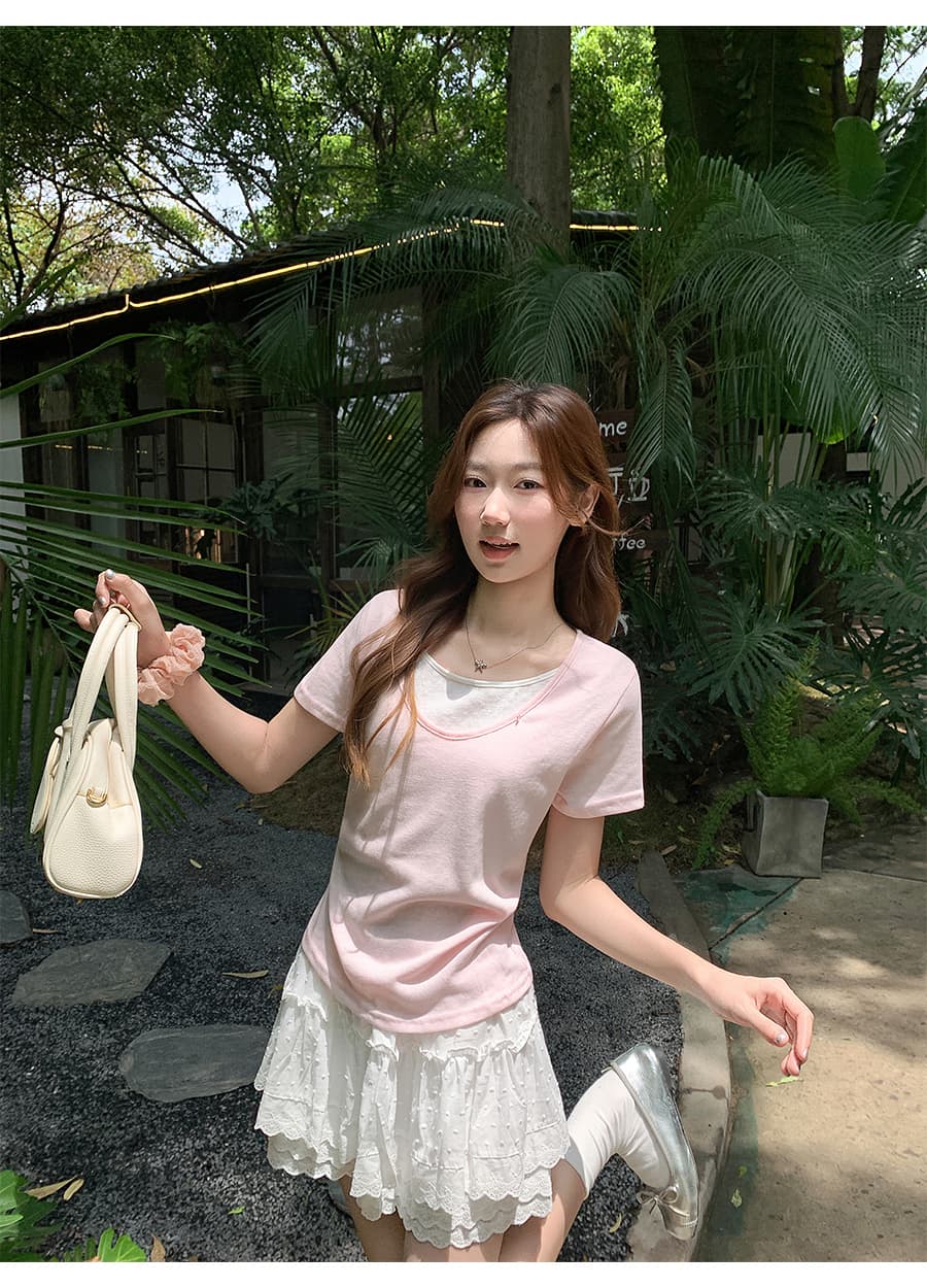핫걸 바람 라운드 넥 긍정적 인 어깨 반팔 티셔츠 여성 여름 새로운 페이크 레이어드 디자인 센스 작은 대중 몸매 가꾸기 다용도 맨위 상세 이미지 1