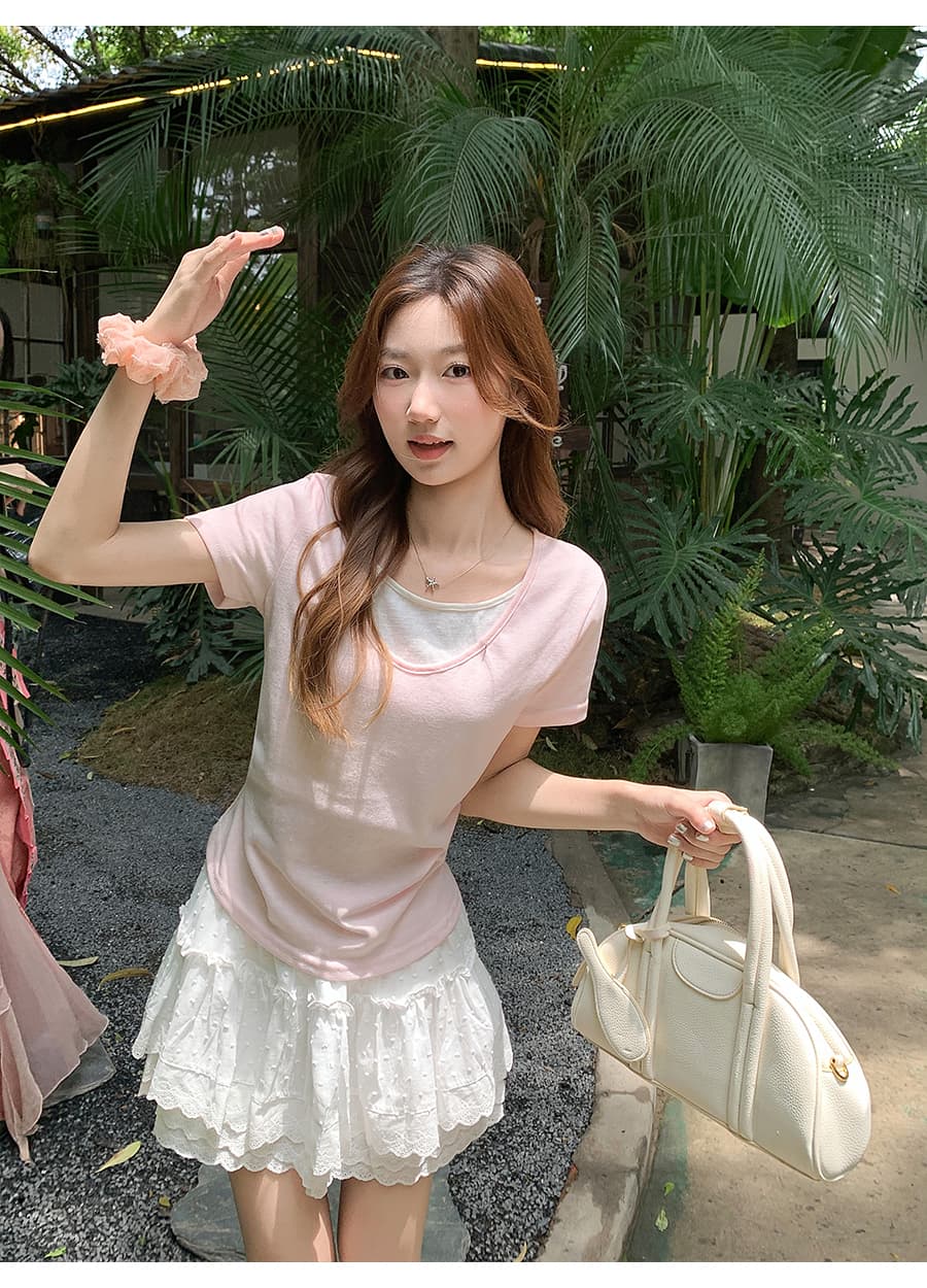 순수한 욕망 바람 라운드 넥 긍정적 인 어깨 페이크 레이어드 티셔츠 여성 여름 새로운 한 부서 몸매 가꾸기 슬림해 보이는 기본 셔츠 반팔 맨위 상세 이미지 5