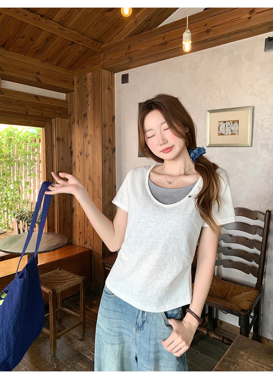 순수한 욕망 바람 라운드 넥 긍정적 인 어깨 페이크 레이어드 티셔츠 여성 여름 새로운 한 부서 몸매 가꾸기 슬림해 보이는 기본 셔츠 반팔 맨위 상세 이미지 7