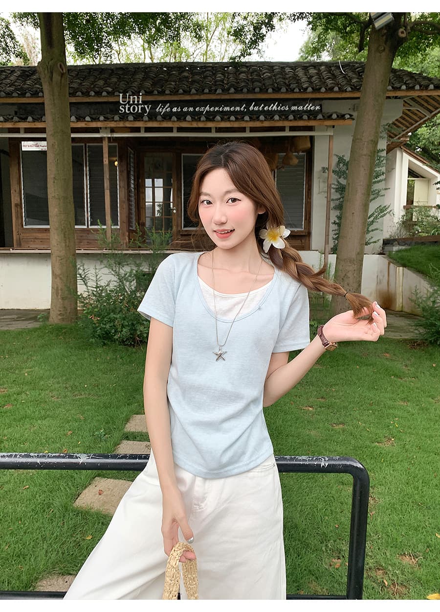 순수한 욕망 바람 라운드 넥 긍정적 인 어깨 페이크 레이어드 티셔츠 여성 여름 새로운 한 부서 몸매 가꾸기 슬림해 보이는 기본 셔츠 반팔 맨위 상세 이미지 10