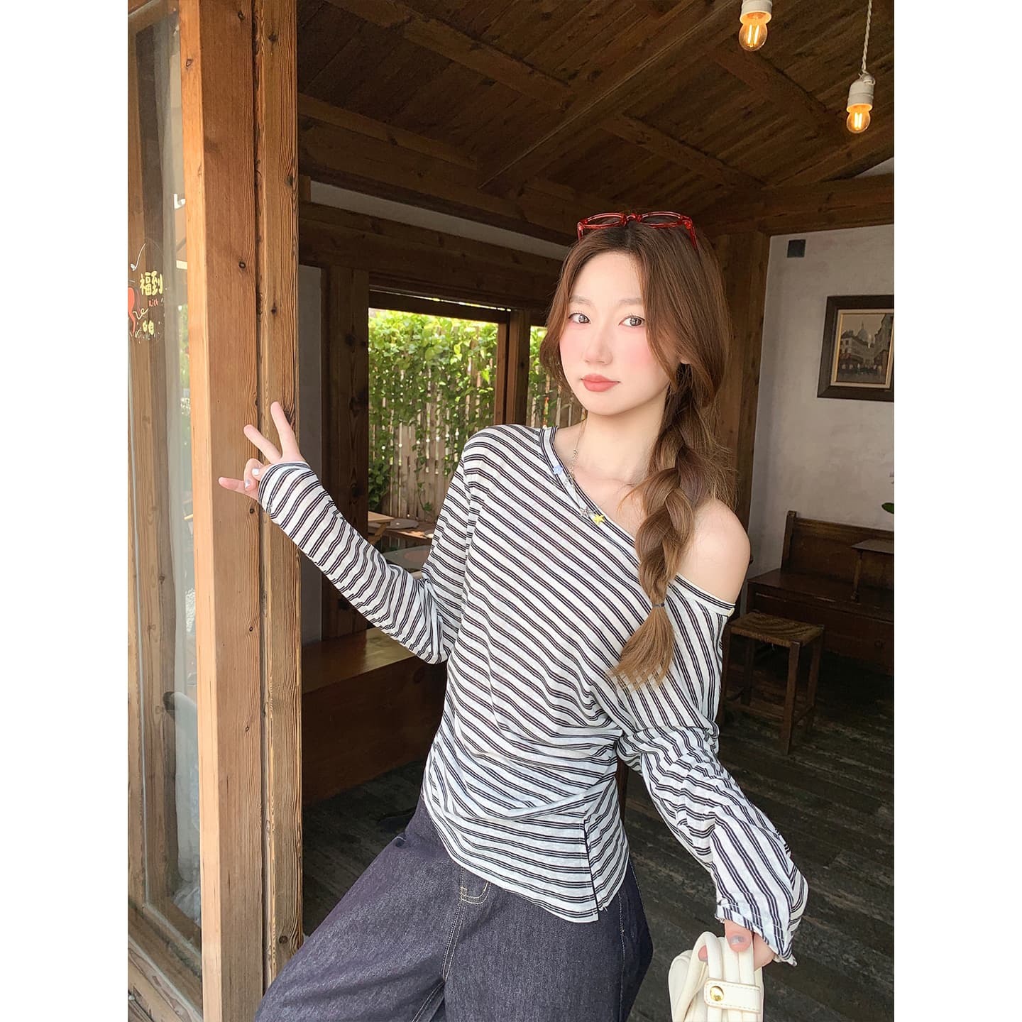 순수한 욕망 바람 비스듬한 칼라 오프숄더 긴팔 태양 보호 셔츠 여성 여름 새로운 한 부서 배색 스트라이프 몸매 가꾸기 블라우스 얇은 스타일 맨위 이미지 4
