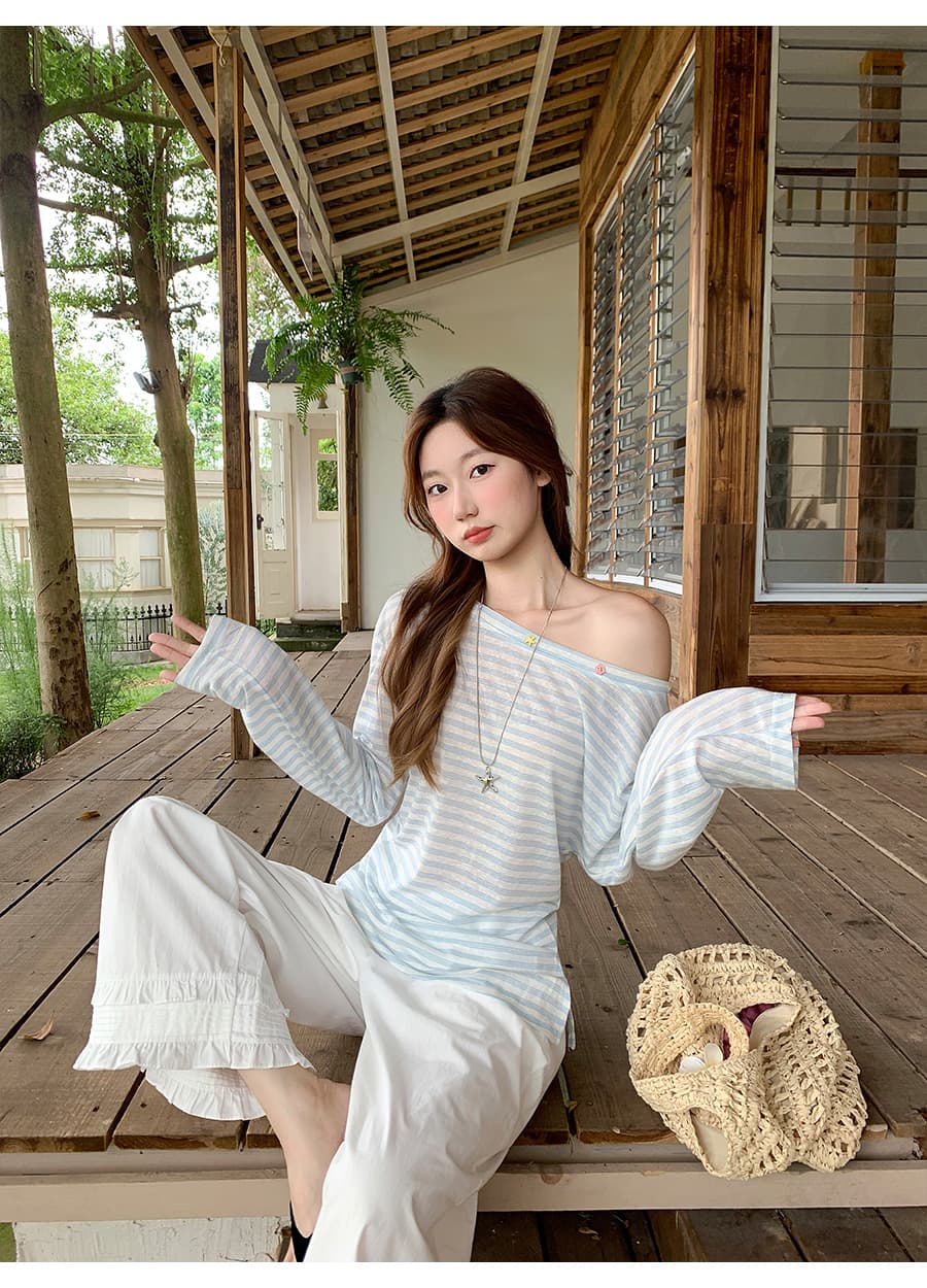 순수한 욕망 바람 비스듬한 칼라 오프숄더 긴팔 태양 보호 셔츠 여성 여름 새로운 한 부서 배색 스트라이프 몸매 가꾸기 블라우스 얇은 스타일 맨위 상세 이미지 3