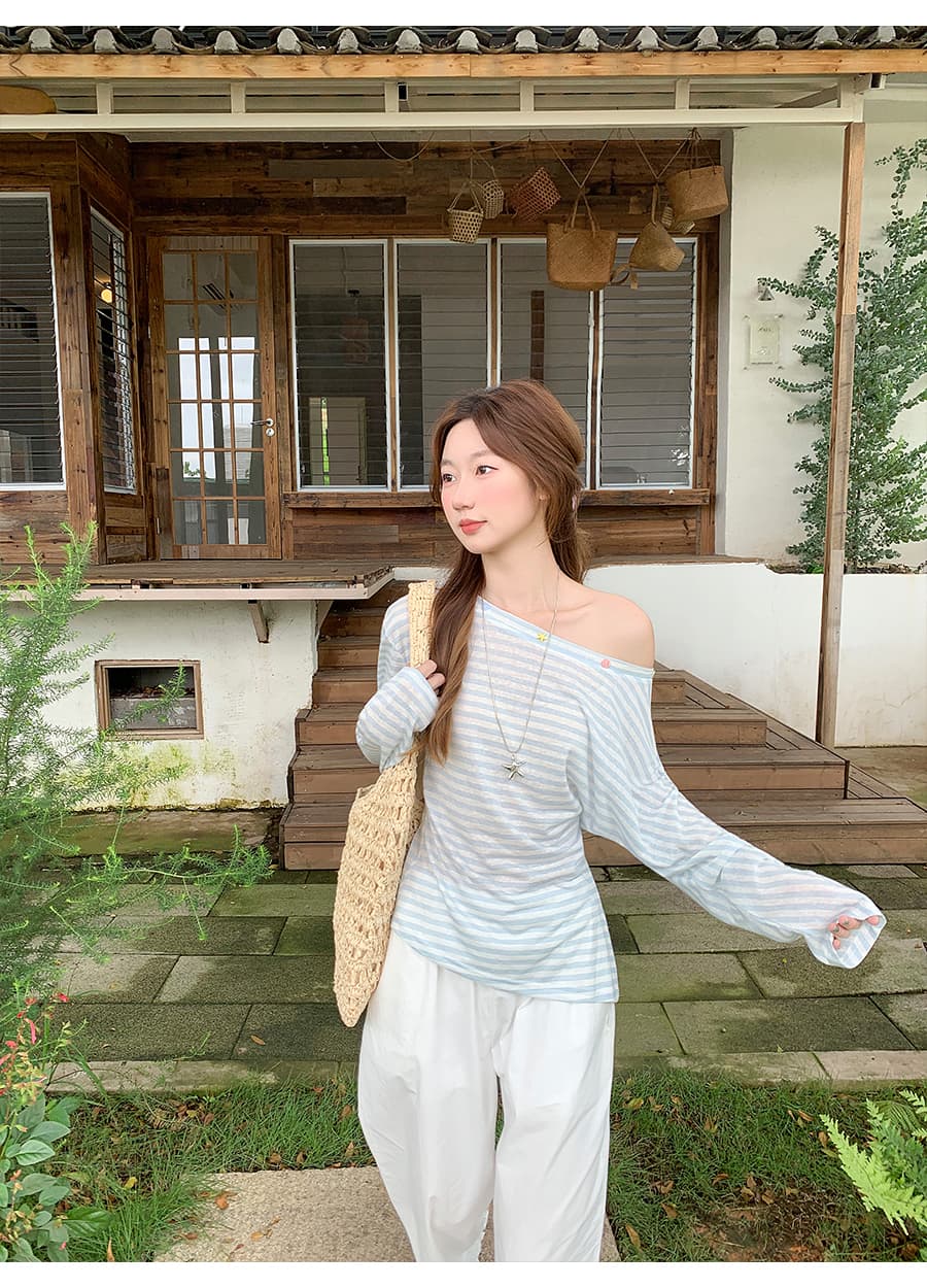 순수한 욕망 바람 비스듬한 칼라 오프숄더 긴팔 태양 보호 셔츠 여성 여름 새로운 한 부서 배색 스트라이프 몸매 가꾸기 블라우스 얇은 스타일 맨위 상세 이미지 4