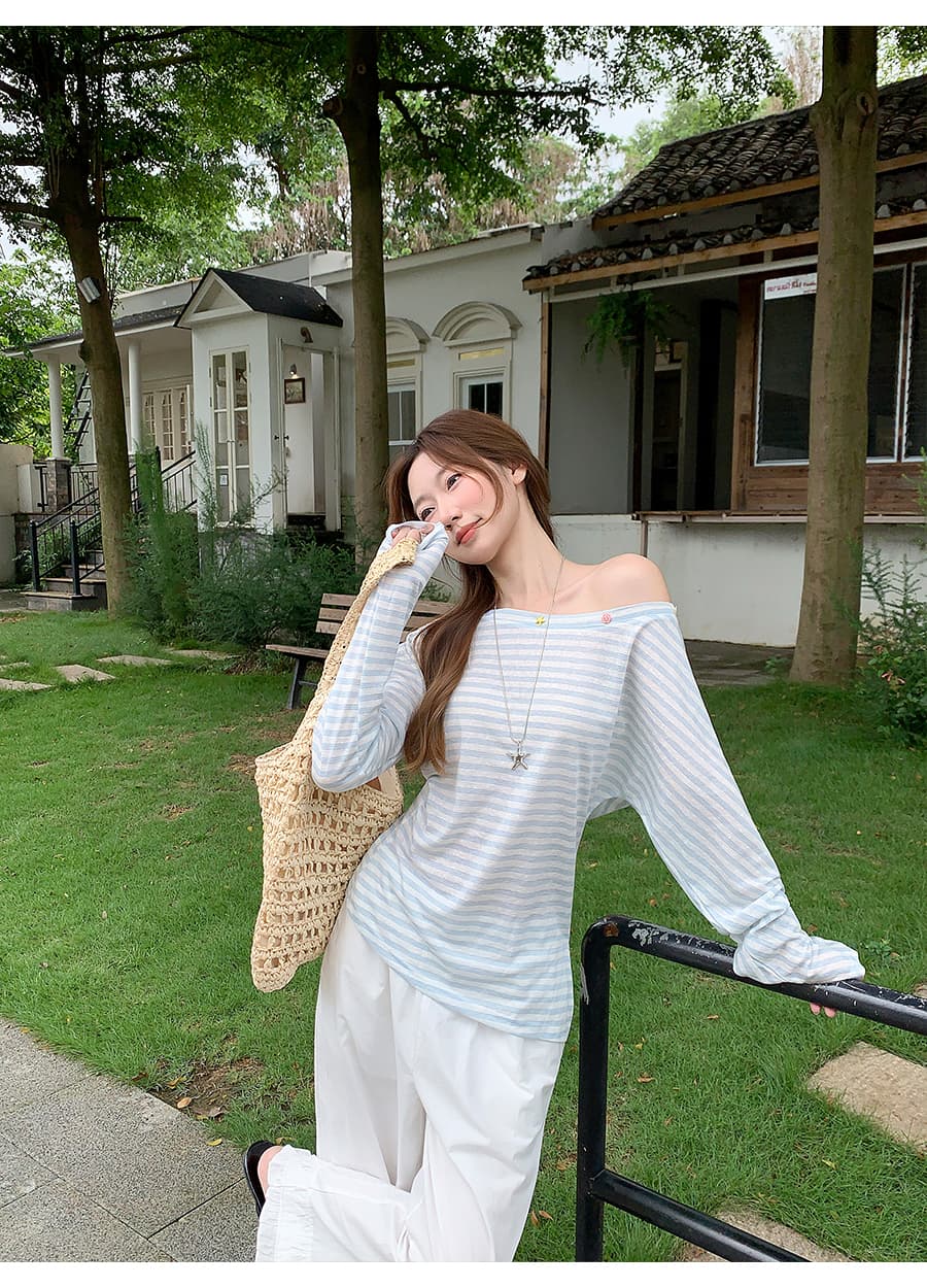 순수한 욕망 바람 비스듬한 칼라 오프숄더 긴팔 태양 보호 셔츠 여성 여름 새로운 한 부서 배색 스트라이프 몸매 가꾸기 블라우스 얇은 스타일 맨위 상세 이미지 5
