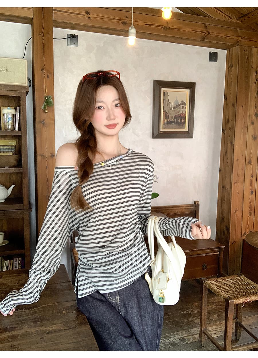 순수한 욕망 바람 비스듬한 칼라 오프숄더 긴팔 태양 보호 셔츠 여성 여름 새로운 한 부서 배색 스트라이프 몸매 가꾸기 블라우스 얇은 스타일 맨위 상세 이미지 10