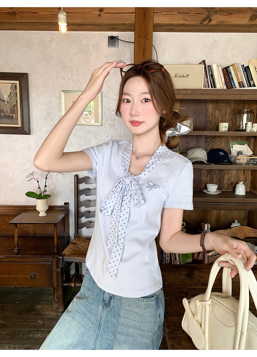 한 부서 레이스업 V넥 나비 자수 긍정적 인 어깨 티셔츠 여성 여름 새로운 순수한 욕망 바람 몸매 가꾸기 슬림해 보이는 다용도 반팔 맨위 상세 이미지 8