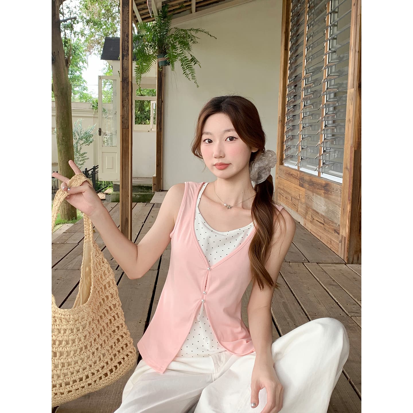 한 부서 도트 무늬 라운드 넥 민소매 캐미솔 여름 새로운 페이크 레이어드 디자인 몸매 가꾸기 외출용 핫걸 맨위 이미지 5