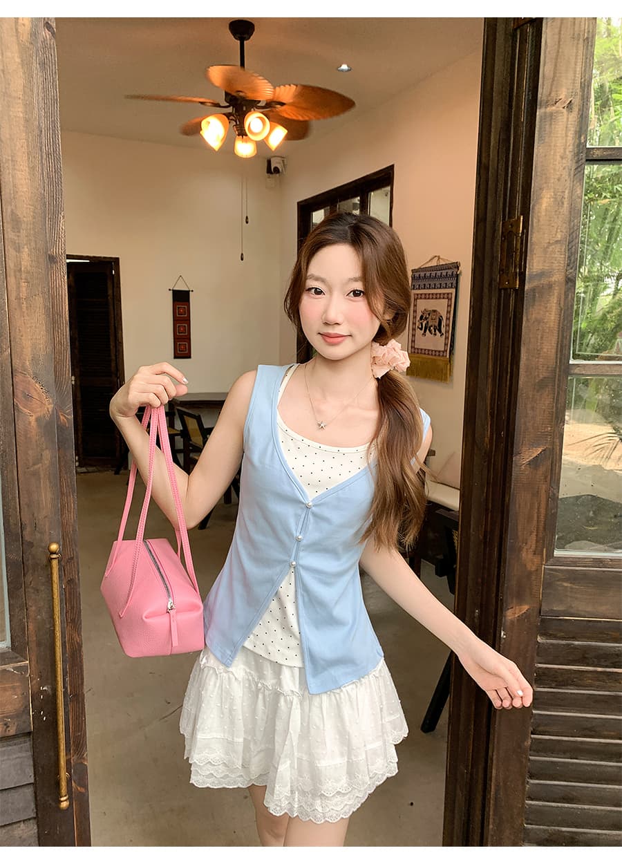 한 부서 도트 무늬 라운드 넥 민소매 캐미솔 여름 새로운 페이크 레이어드 디자인 몸매 가꾸기 외출용 핫걸 맨위 상세 이미지 1