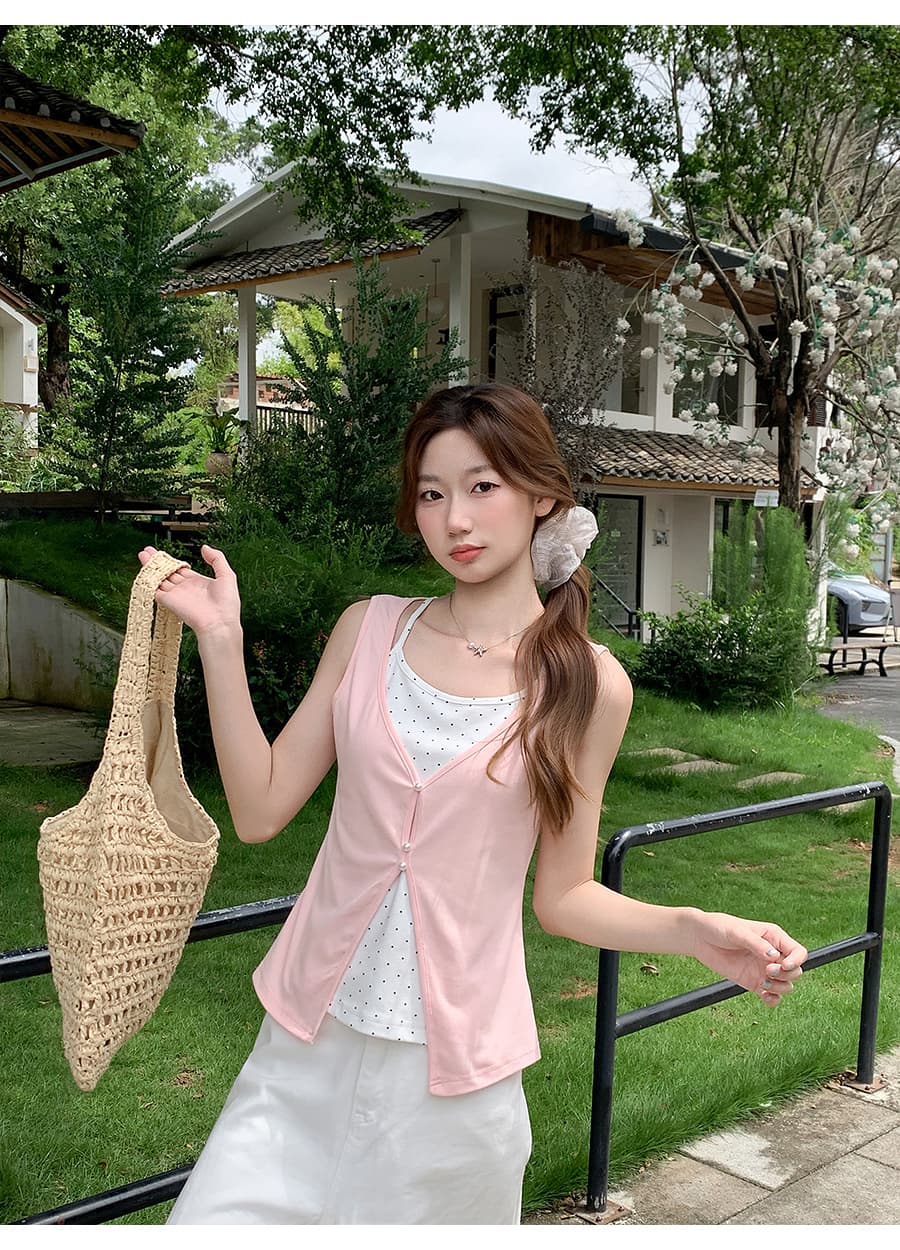 한 부서 도트 무늬 라운드 넥 민소매 캐미솔 여름 새로운 페이크 레이어드 디자인 몸매 가꾸기 외출용 핫걸 맨위 상세 이미지 10