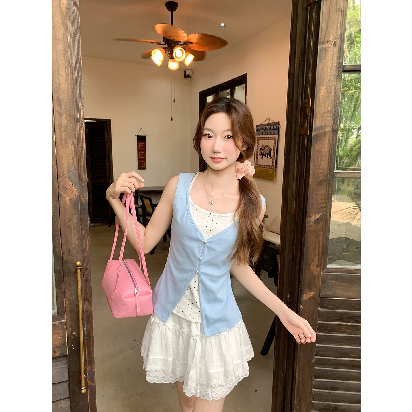 도트 무늬 슬립 패치워크 민소매 핑크색 조끼 여성 여름 새로운 한 부서 스택 착용 페이크 레이어드 슬림해 보이는 핫걸 맨위 이미지 4