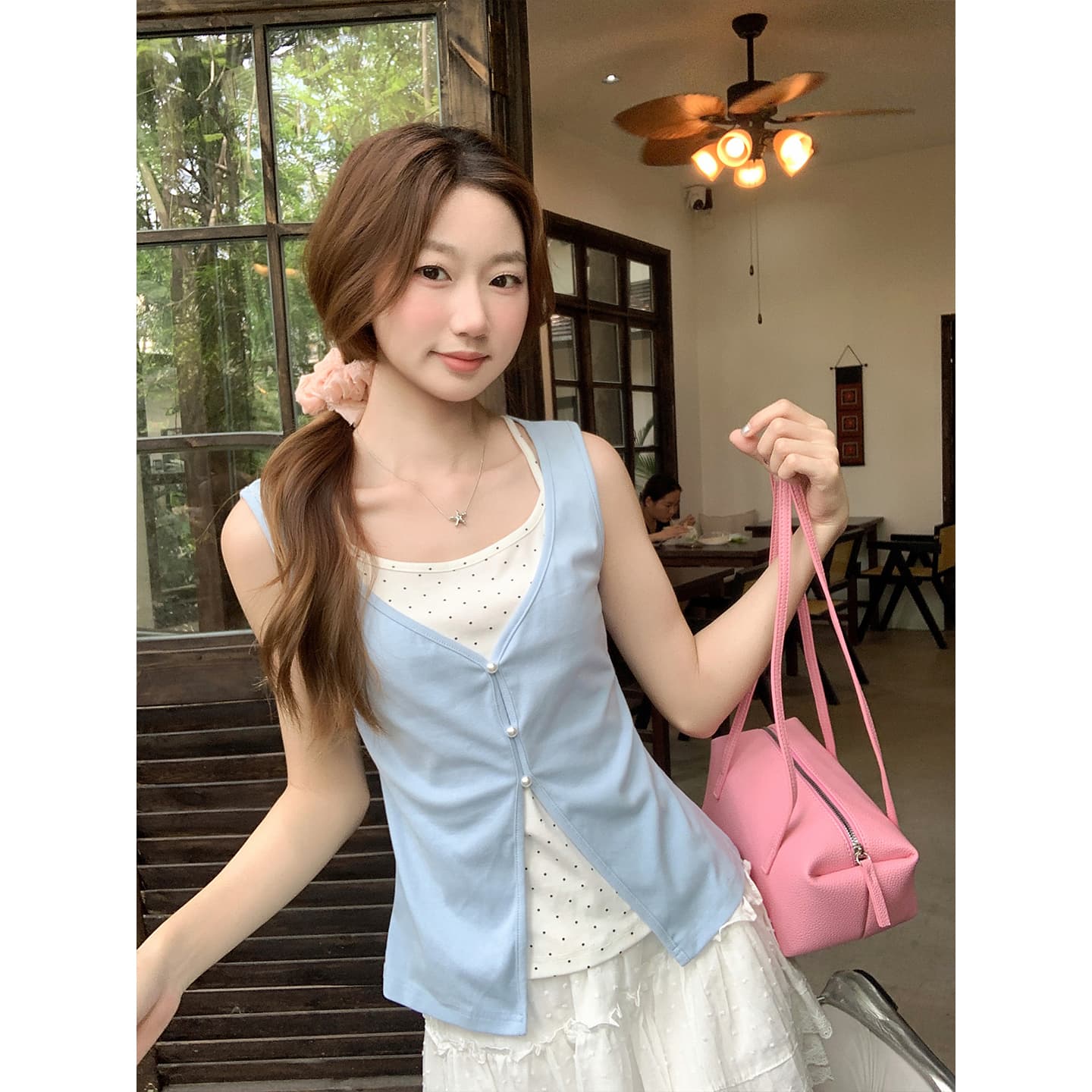 도트 무늬 슬립 패치워크 민소매 핑크색 조끼 여성 여름 새로운 한 부서 스택 착용 페이크 레이어드 슬림해 보이는 핫걸 맨위 이미지 5