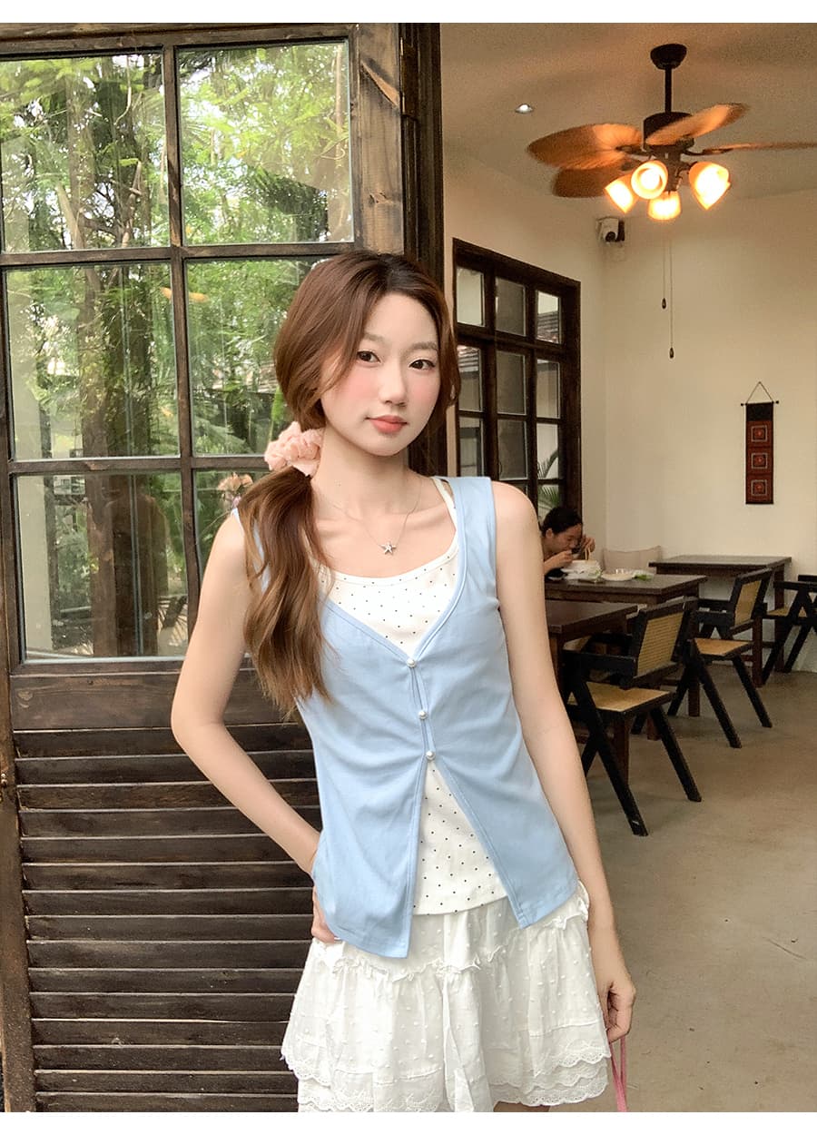 도트 무늬 슬립 패치워크 민소매 핑크색 조끼 여성 여름 새로운 한 부서 스택 착용 페이크 레이어드 슬림해 보이는 핫걸 맨위 상세 이미지 7