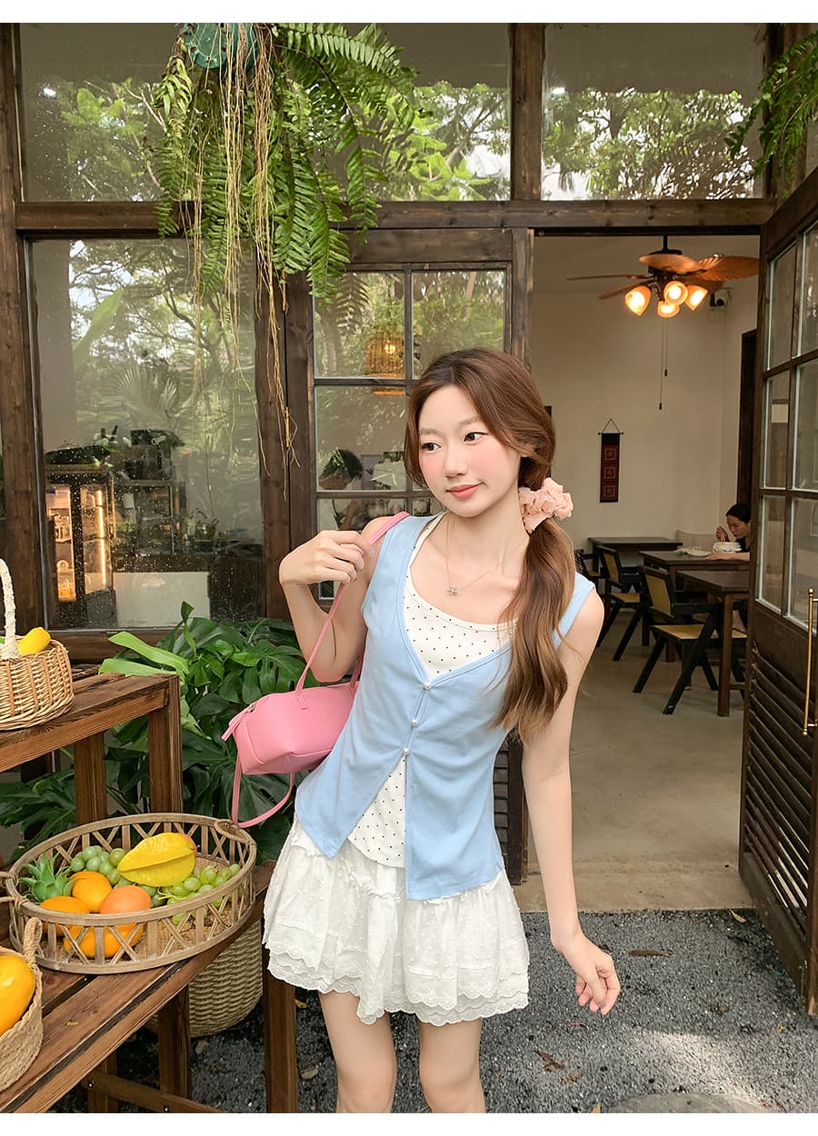 도트 무늬 슬립 패치워크 민소매 핑크색 조끼 여성 여름 새로운 한 부서 스택 착용 페이크 레이어드 슬림해 보이는 핫걸 맨위 상세 이미지 8