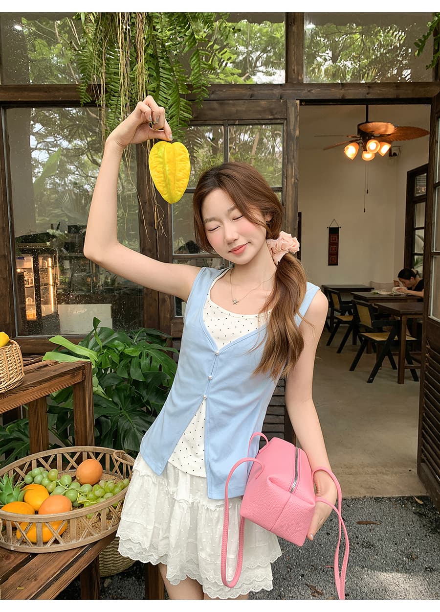 도트 무늬 슬립 패치워크 민소매 핑크색 조끼 여성 여름 새로운 한 부서 스택 착용 페이크 레이어드 슬림해 보이는 핫걸 맨위 상세 이미지 9