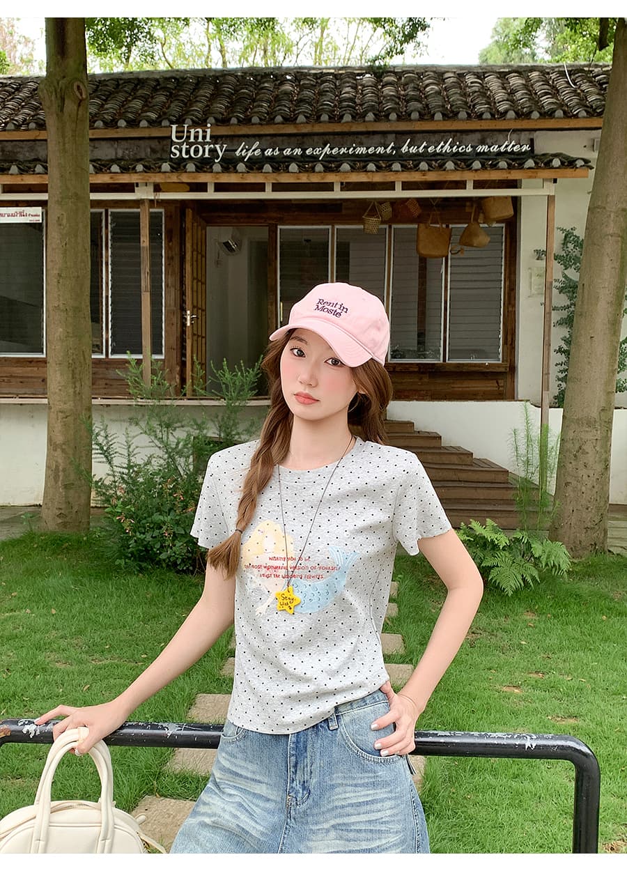 프랑스식 도트 무늬 인어공주 프린트 반팔 티셔츠 여성 여름 새로운 핫걸 슬림해 보이는 연령 감소 다용도 긍정적 인 어깨 의류 상세 이미지 11