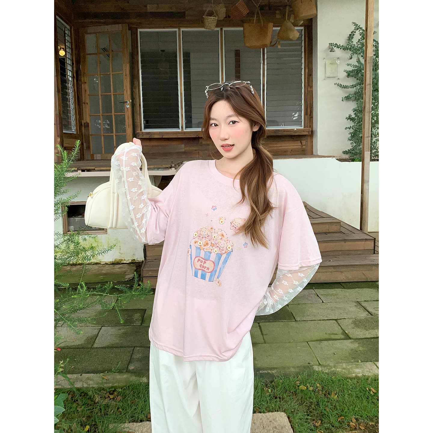달콤한 매운맛 바람 레이스 조각 긴팔 태양 보호 셔츠 여성 여름 새로운 해변가 야외 착용 가져 가라. 팝콘 프린트 맨위 이미지 2