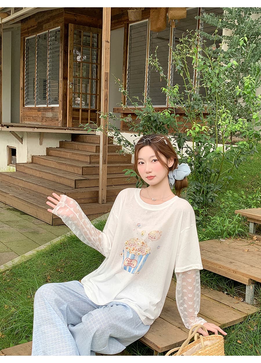 달콤한 매운맛 바람 레이스 조각 긴팔 태양 보호 셔츠 여성 여름 새로운 해변가 야외 착용 가져 가라. 팝콘 프린트 맨위 상세 이미지 9