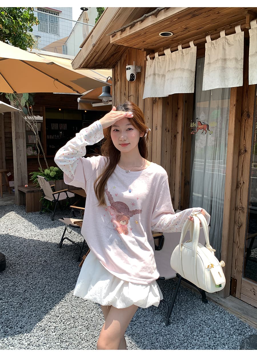 색상 포인트 시스루 망사 패치워크 긴팔 태양 보호 셔츠 여성 여름 새로운 귀여운 프린트 에어컨 블라우스 슬림해 보이는 맨위 상세 이미지 3