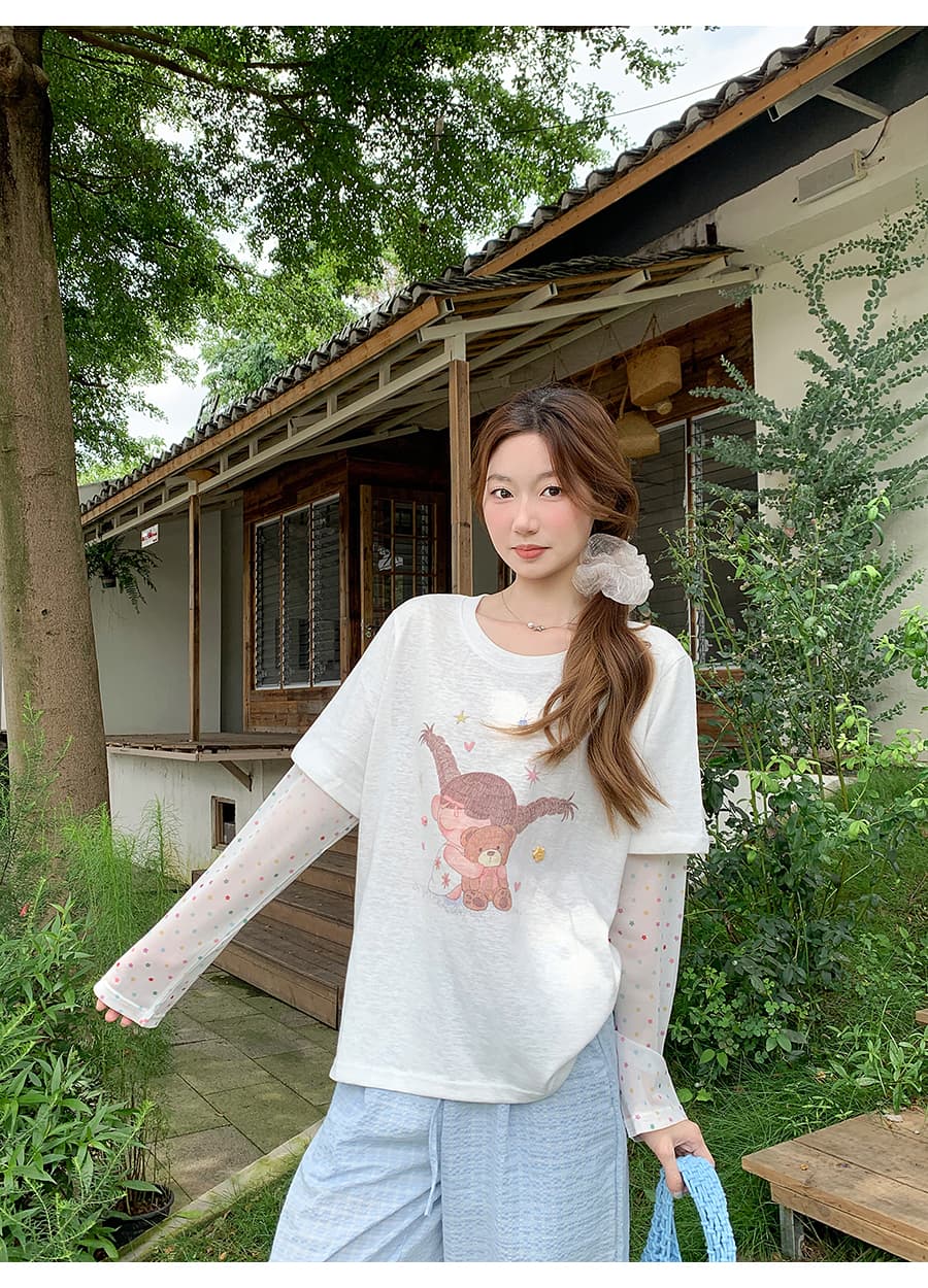 색상 포인트 시스루 망사 패치워크 긴팔 태양 보호 셔츠 여성 여름 새로운 귀여운 프린트 에어컨 블라우스 슬림해 보이는 맨위 상세 이미지 8
