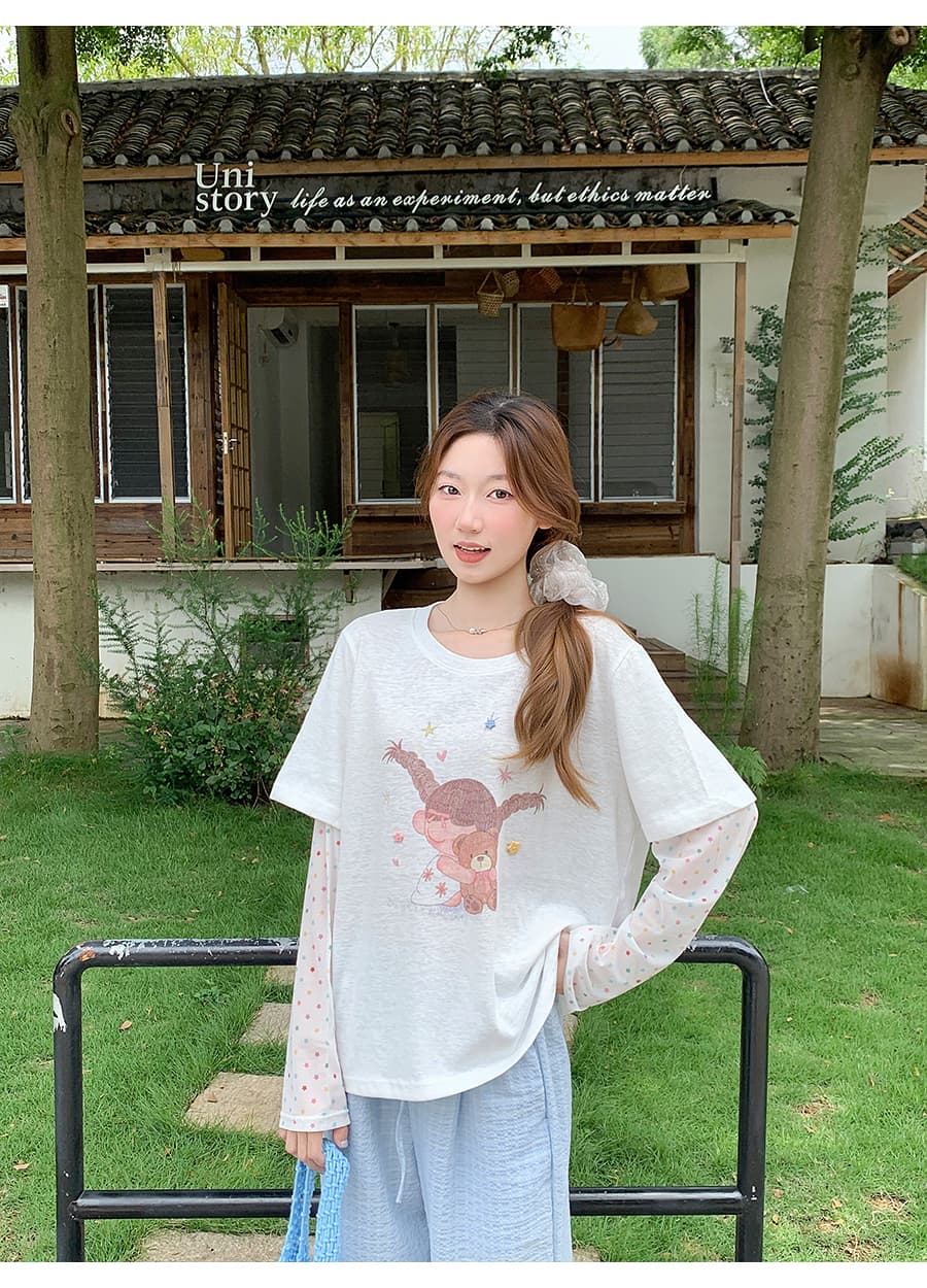 색상 포인트 시스루 망사 패치워크 긴팔 태양 보호 셔츠 여성 여름 새로운 귀여운 프린트 에어컨 블라우스 슬림해 보이는 맨위 상세 이미지 13