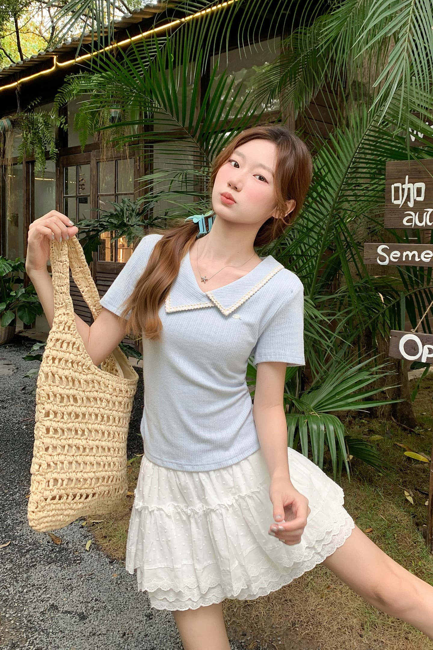 절묘한 레이스 폴로 칼라 반팔 티셔츠 여성 여름 새로운 측면 수신 Pleat 몸매 가꾸기 슬림해 보이는 순수한 욕망 바람 긍정적 인 어깨 의류 이미지 7