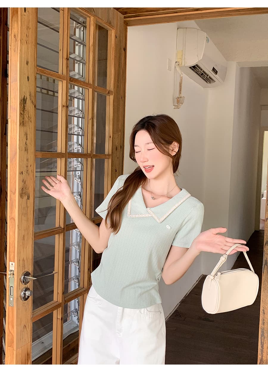 절묘한 레이스 폴로 칼라 반팔 티셔츠 여성 여름 새로운 측면 수신 Pleat 몸매 가꾸기 슬림해 보이는 순수한 욕망 바람 긍정적 인 어깨 의류 상세 이미지 11