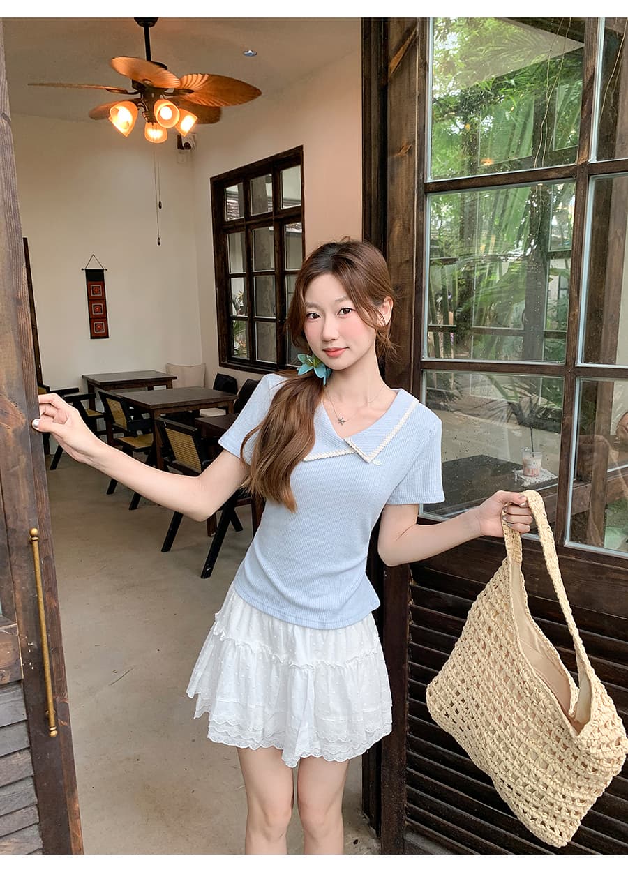 배색 폴로 칼라 긍정적 인 어깨 반팔 티셔츠 여성 여름 새로운 측면 주름 허리 수축 슬림해 보이는 순수한 욕망 바람 다용도 맨위 상세 이미지 6