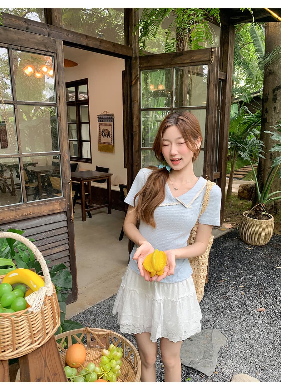 배색 폴로 칼라 긍정적 인 어깨 반팔 티셔츠 여성 여름 새로운 측면 주름 허리 수축 슬림해 보이는 순수한 욕망 바람 다용도 맨위 상세 이미지 8