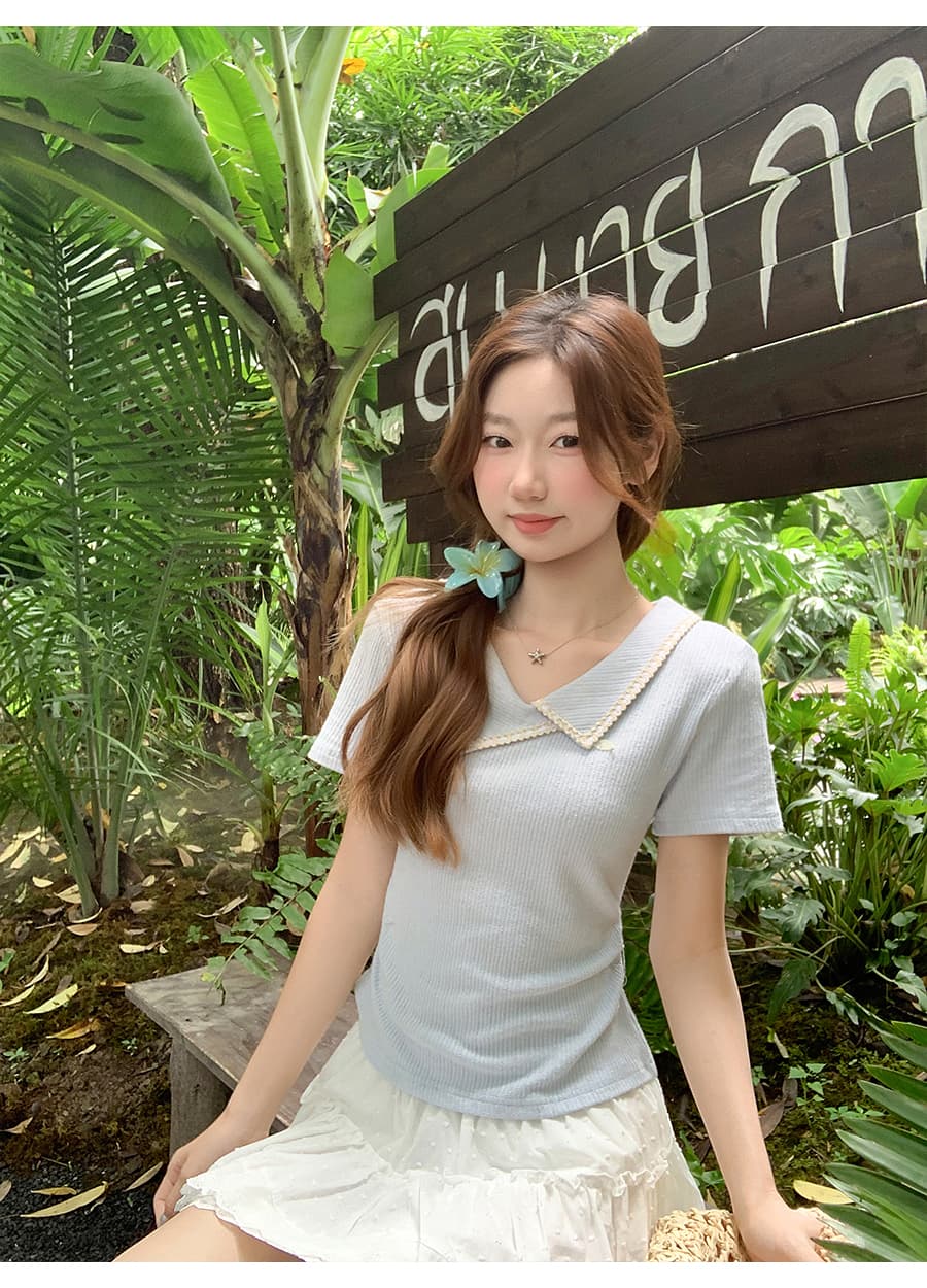 배색 폴로 칼라 긍정적 인 어깨 반팔 티셔츠 여성 여름 새로운 측면 주름 허리 수축 슬림해 보이는 순수한 욕망 바람 다용도 맨위 상세 이미지 10