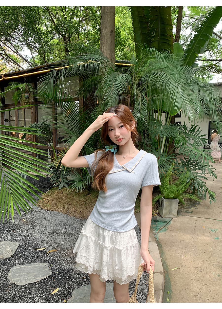 배색 폴로 칼라 긍정적 인 어깨 반팔 티셔츠 여성 여름 새로운 측면 주름 허리 수축 슬림해 보이는 순수한 욕망 바람 다용도 맨위 상세 이미지 11