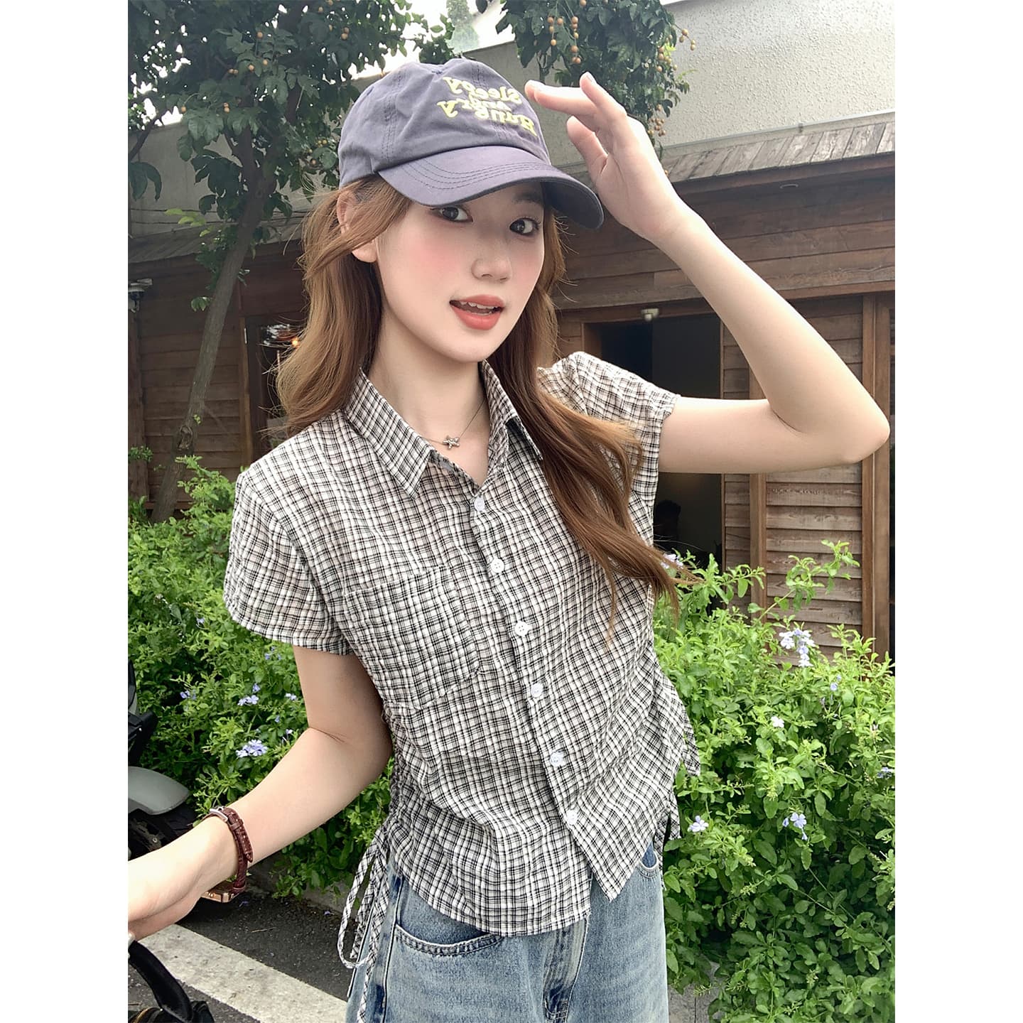한 부서 레트로 배색 체크무늬 반팔 여성 셔츠 여름 새로운 측면 수 있습니다. 조정 스트랩 허리 수축 작은 키 맨위 이미지 6