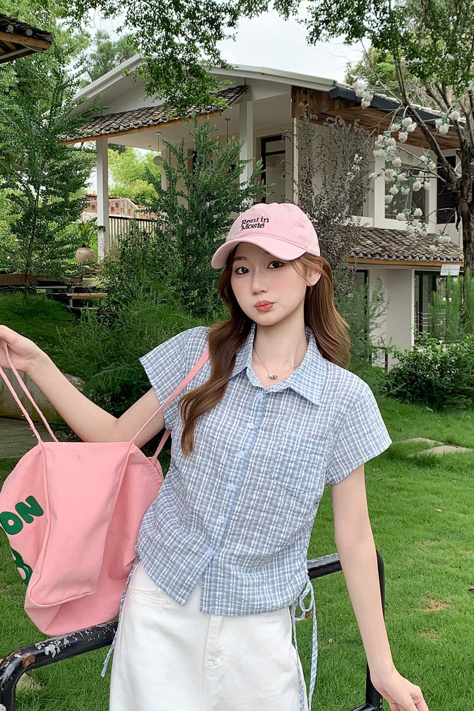 한 부서 레트로 배색 체크무늬 반팔 여성 셔츠 여름 새로운 측면 수 있습니다. 조정 스트랩 허리 수축 작은 키 맨위 이미지 7