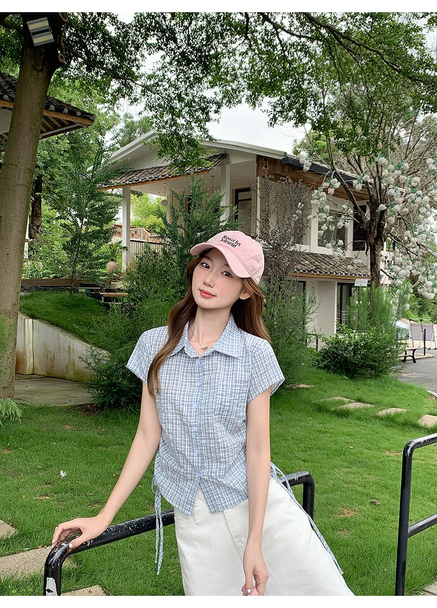 한 부서 레트로 배색 체크무늬 반팔 여성 셔츠 여름 새로운 측면 수 있습니다. 조정 스트랩 허리 수축 작은 키 맨위 상세 이미지 3