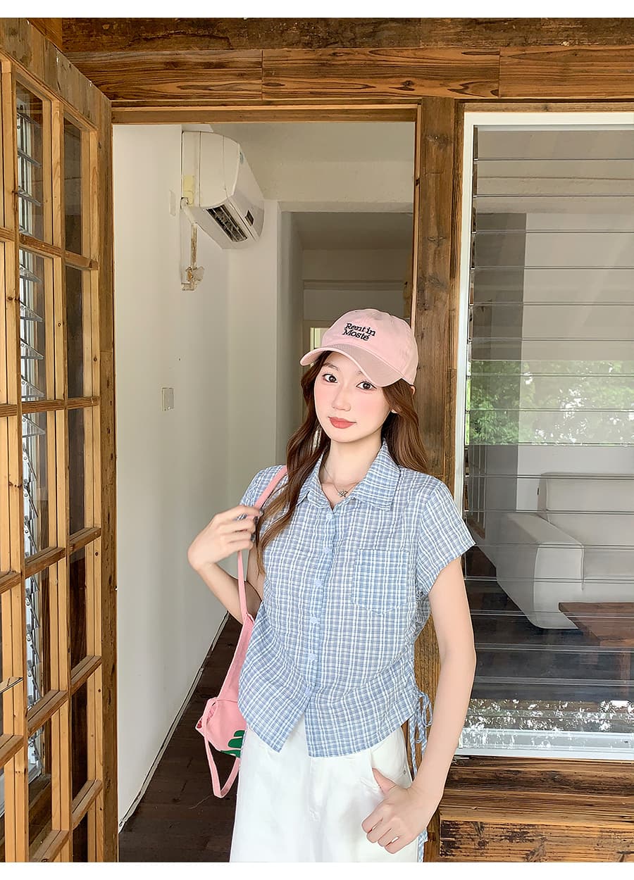 한 부서 레트로 배색 체크무늬 반팔 여성 셔츠 여름 새로운 측면 수 있습니다. 조정 스트랩 허리 수축 작은 키 맨위 상세 이미지 4