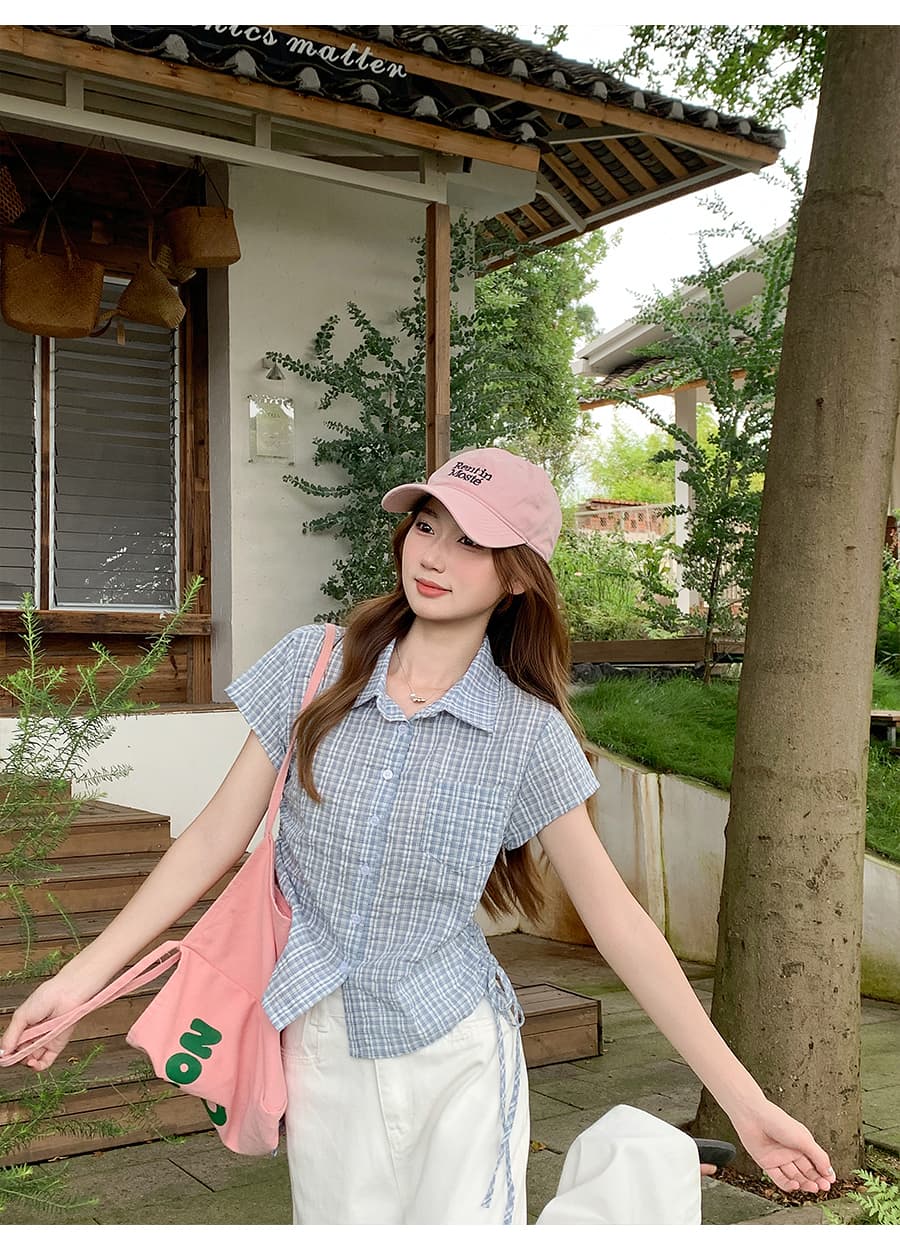한 부서 레트로 배색 체크무늬 반팔 여성 셔츠 여름 새로운 측면 수 있습니다. 조정 스트랩 허리 수축 작은 키 맨위 상세 이미지 6