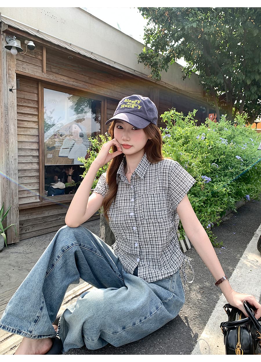 한 부서 레트로 배색 체크무늬 반팔 여성 셔츠 여름 새로운 측면 수 있습니다. 조정 스트랩 허리 수축 작은 키 맨위 상세 이미지 8